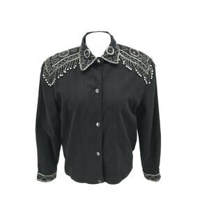 Vintage Modi Denim Women's Western Beaded Shirt Jacket Shacket Sz L 10-12 Black